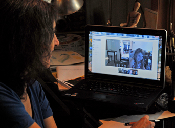 GrandThing1 draws pictures for Grandma in a hangout. 