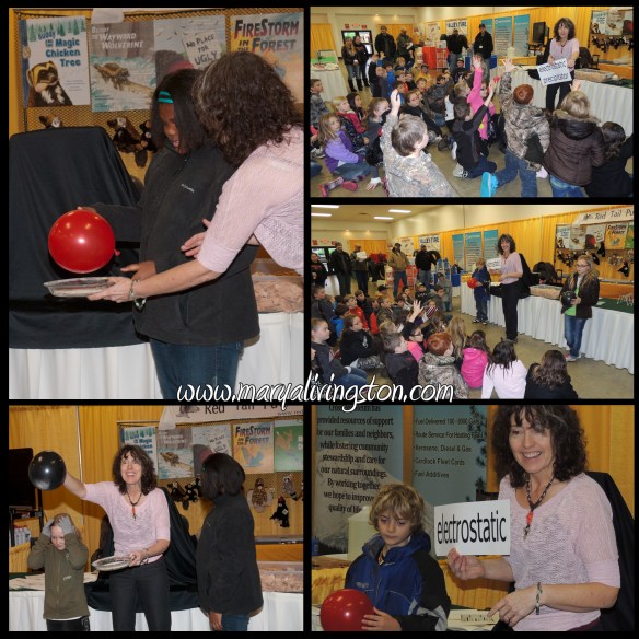 Student volunteers help demonstrate static electricity.